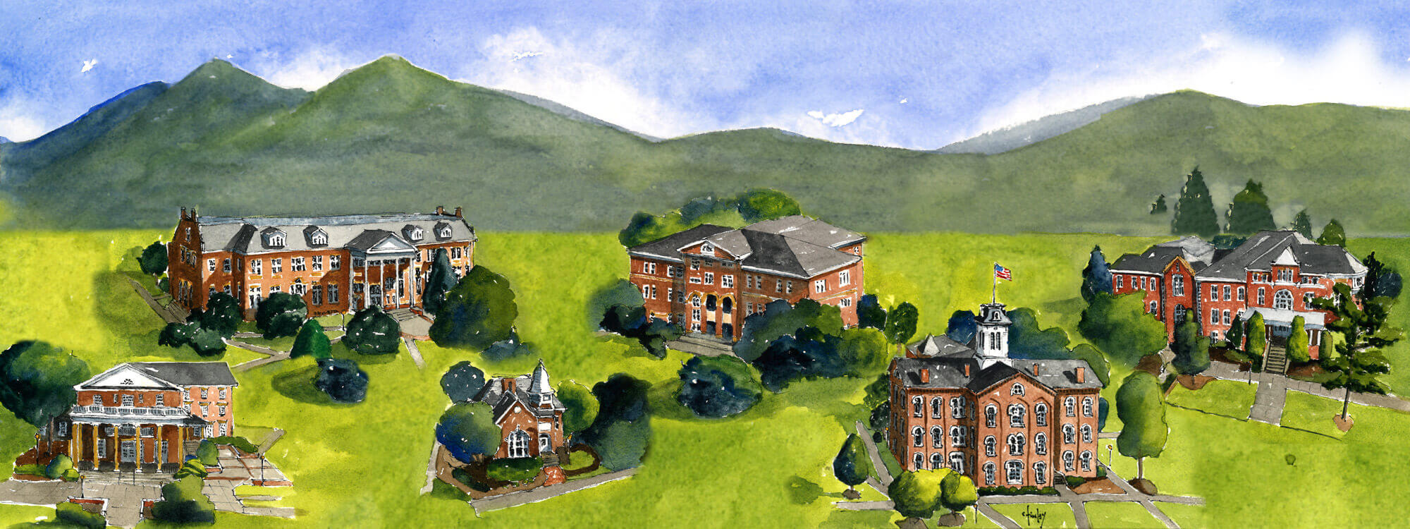 MC Campus watercolor with 5 prominent buildings