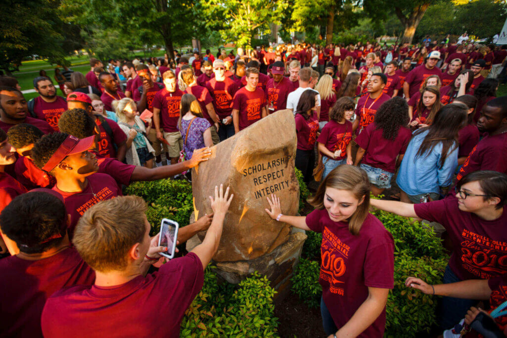 MC students at the Covenant Stone ceremony, pledging to engage in Scholarship, Respect, and Integrity.
