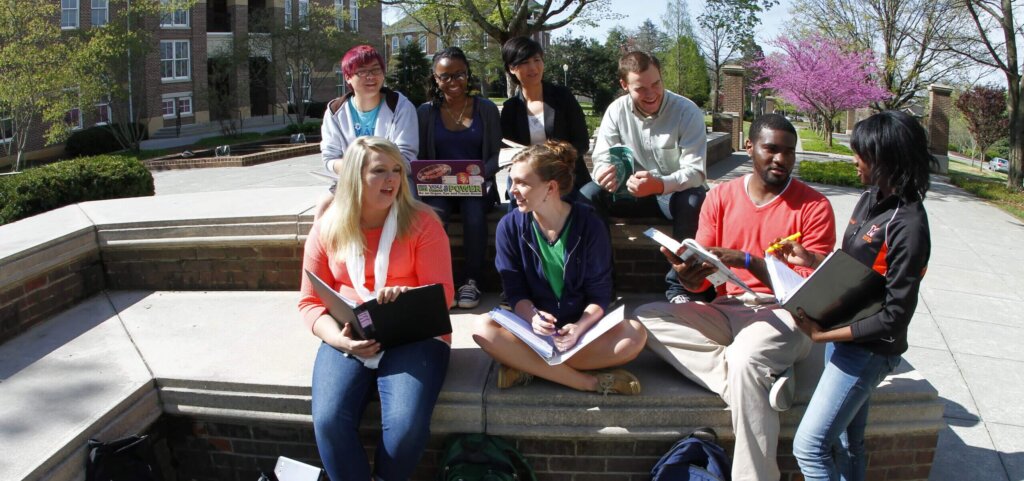 Students talking in outdoor classroom