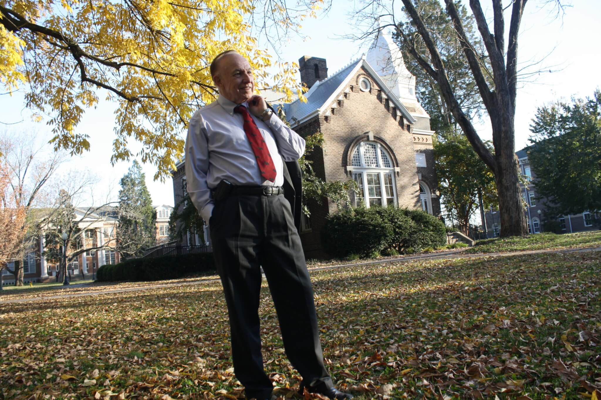 Dr. Gibson outside the Center for Campus Ministry