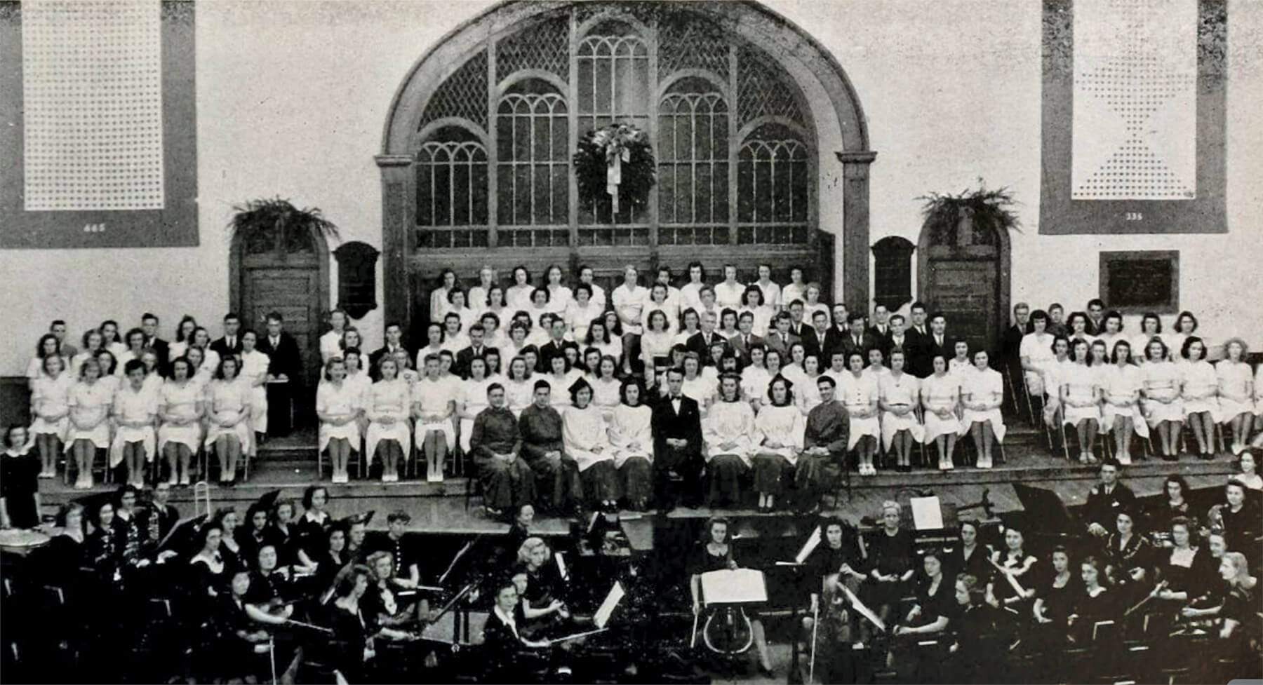 Photo of Voorhees Chapel with service flags displayed