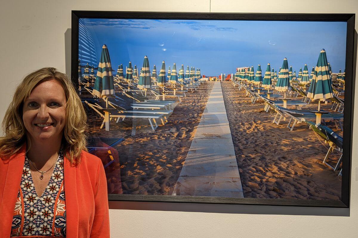 Photo of a beach with Adrienne Schwarte in the foreground