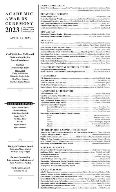 List of 2023 Academic Award winners at Maryville College