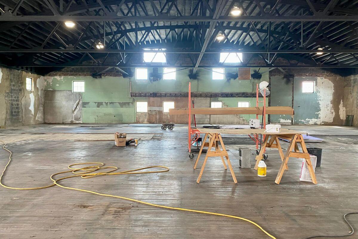 Photo of the inside of the Maryville College Downtown Center during renovation work.