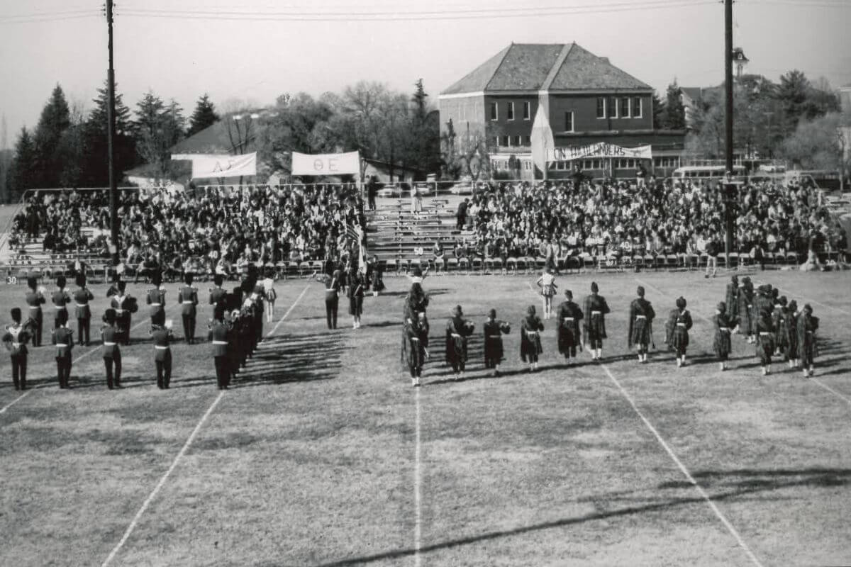 Black and white photo of the 1963 Highlander Band