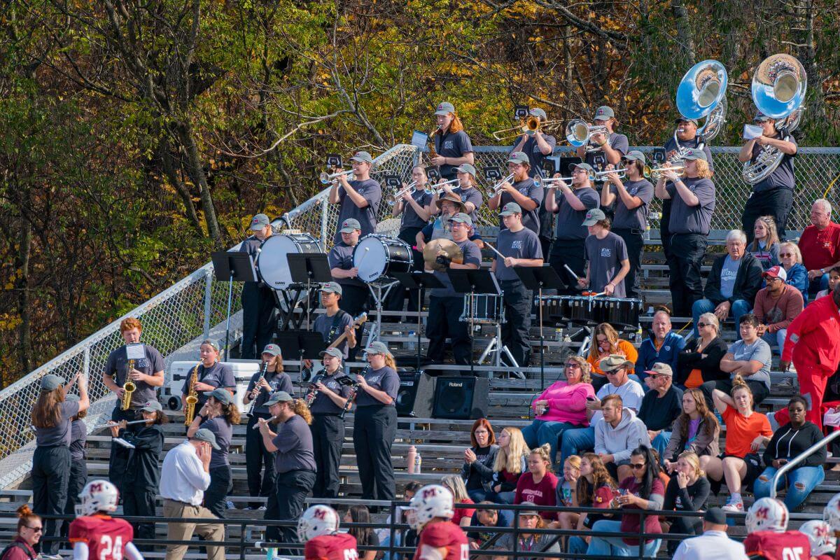 Photo of the Maryville College Pep Band in the stands for Homecoming 2022