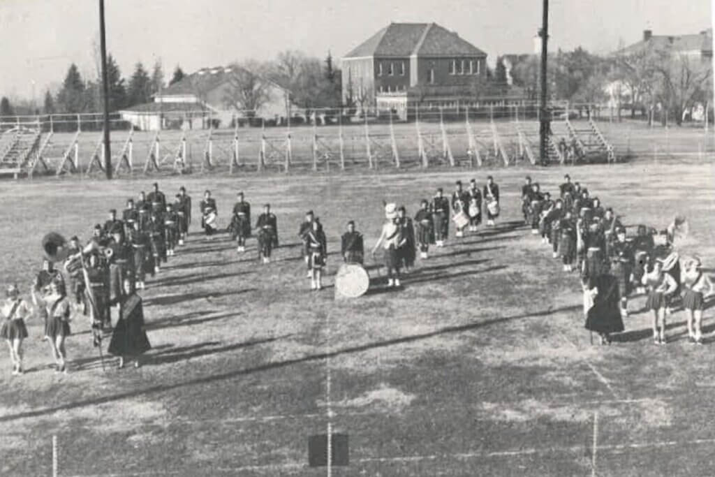 Black and white photo of the Maryville College Highlander Marching Band