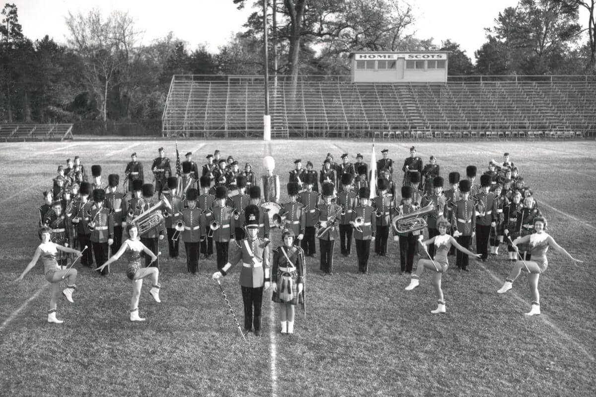 Black and white photo of the 1965 Highlander Band
