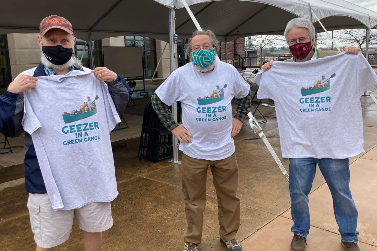 Former MC professor Terry Bunde, MC art professor Carl Gombert and MC professor Kim Trevathan standing in the Clayton Center plaza.