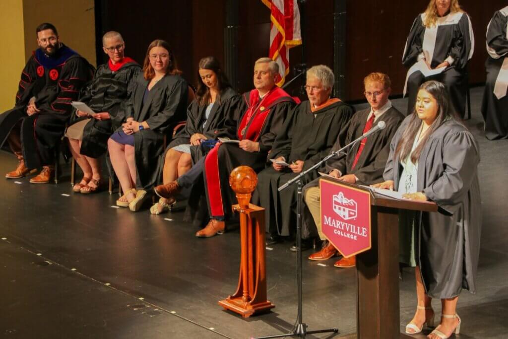 Photo of Allie Osorio Candelario delivering her senior remarks at the MC 2023 Baccalaureate service