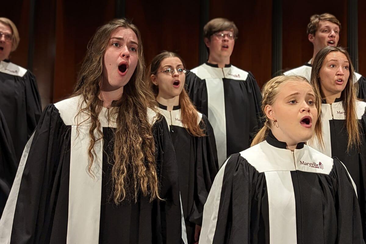 Photos of Maryville College Concert Choir singers in mid-song