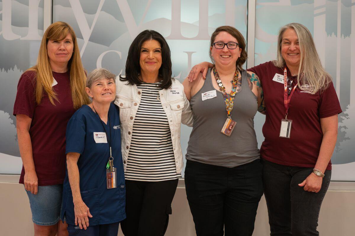 Photo of five Maryville College Staff Day honorees with five years of service to the College