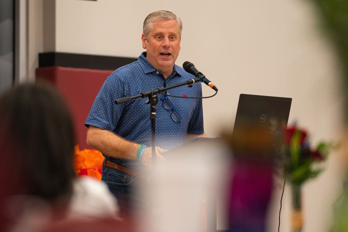 Photo of Dr. Bryan Coker at podium for Maryville College Staff Day 2023