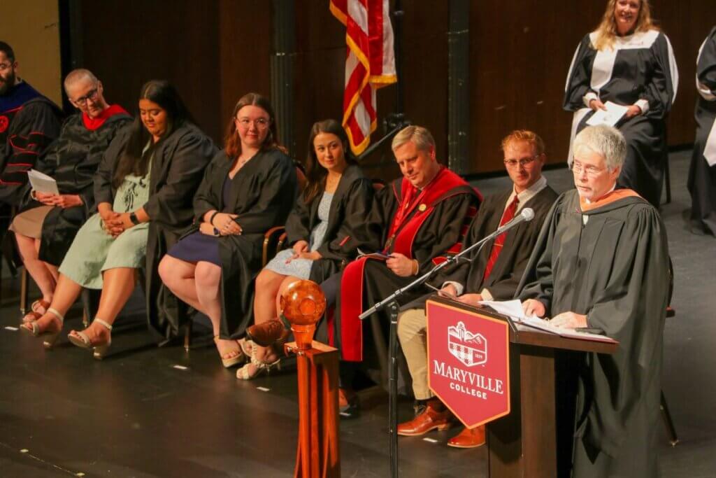 Photo of Professor Kim Trevathan delivering the 2023 Maryville College Baccalaureate sermon