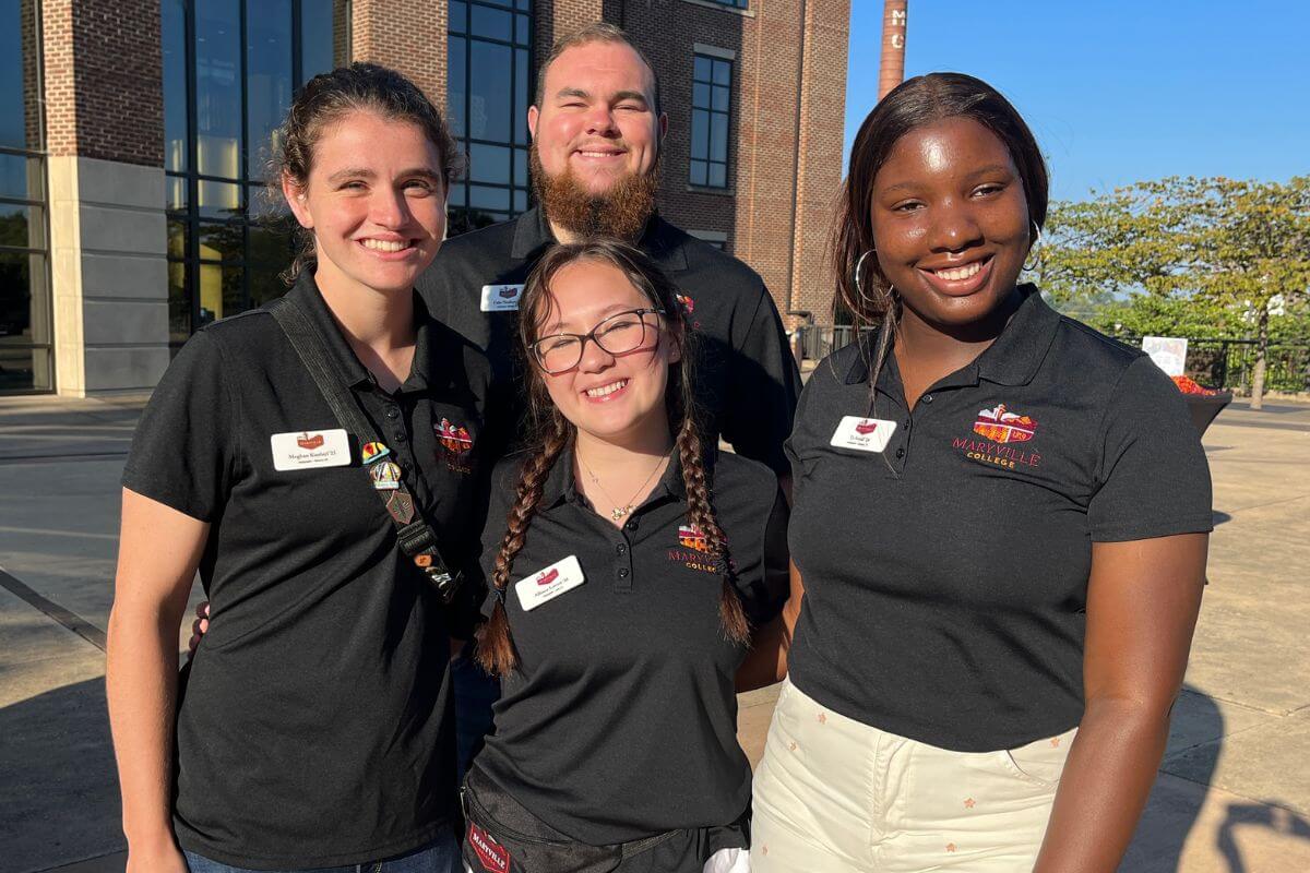 Photo of four student ambassadors from the September 2023 Meet Maryville event at Maryville College.