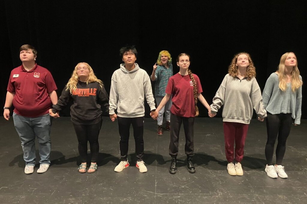 Photo of Maryville College Theatre students rehearsing for "The Laramie Project"