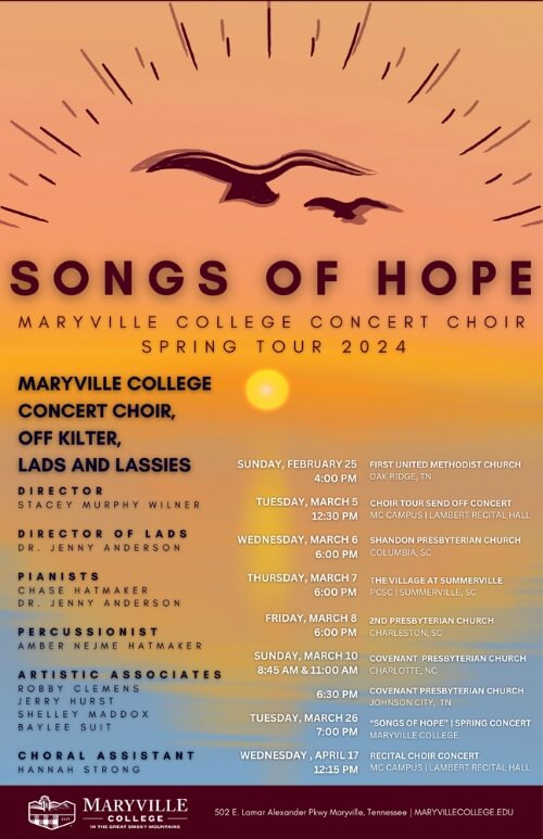 Maryville College Concert Choir spring 2024 tour poster