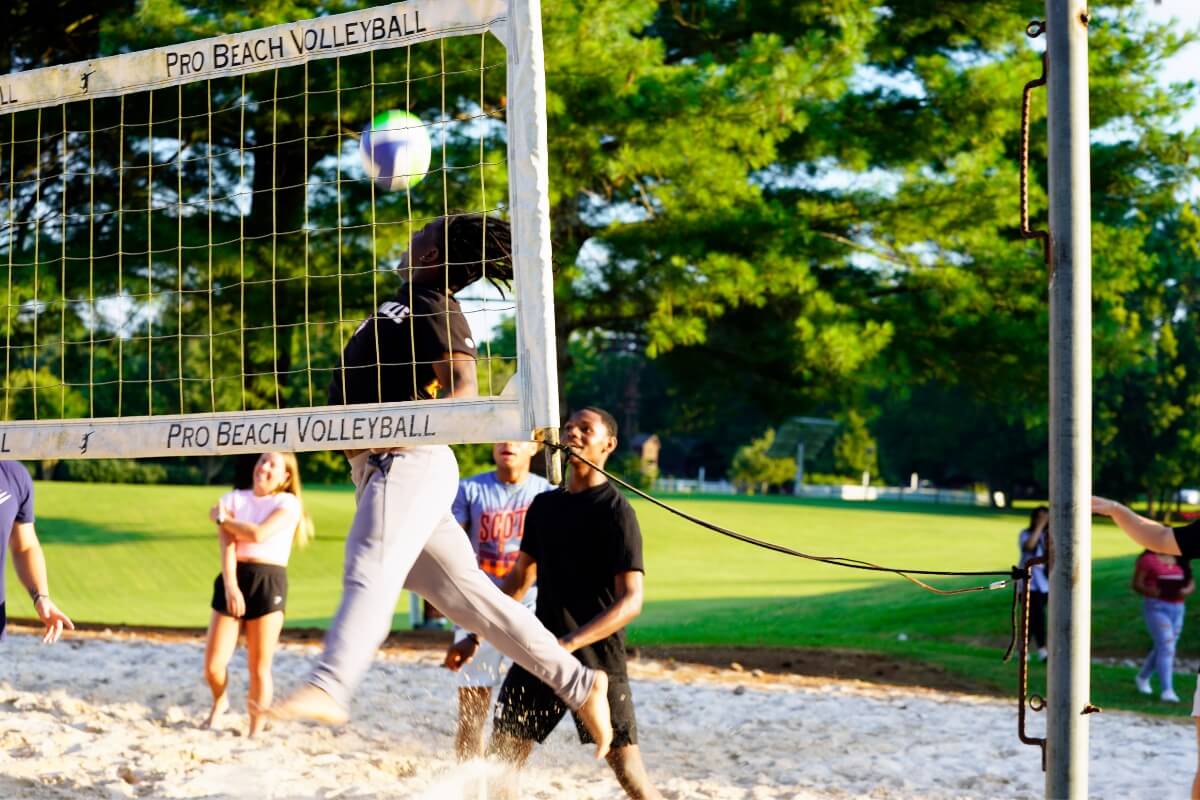 Photo of a volleyball player in mid-spike