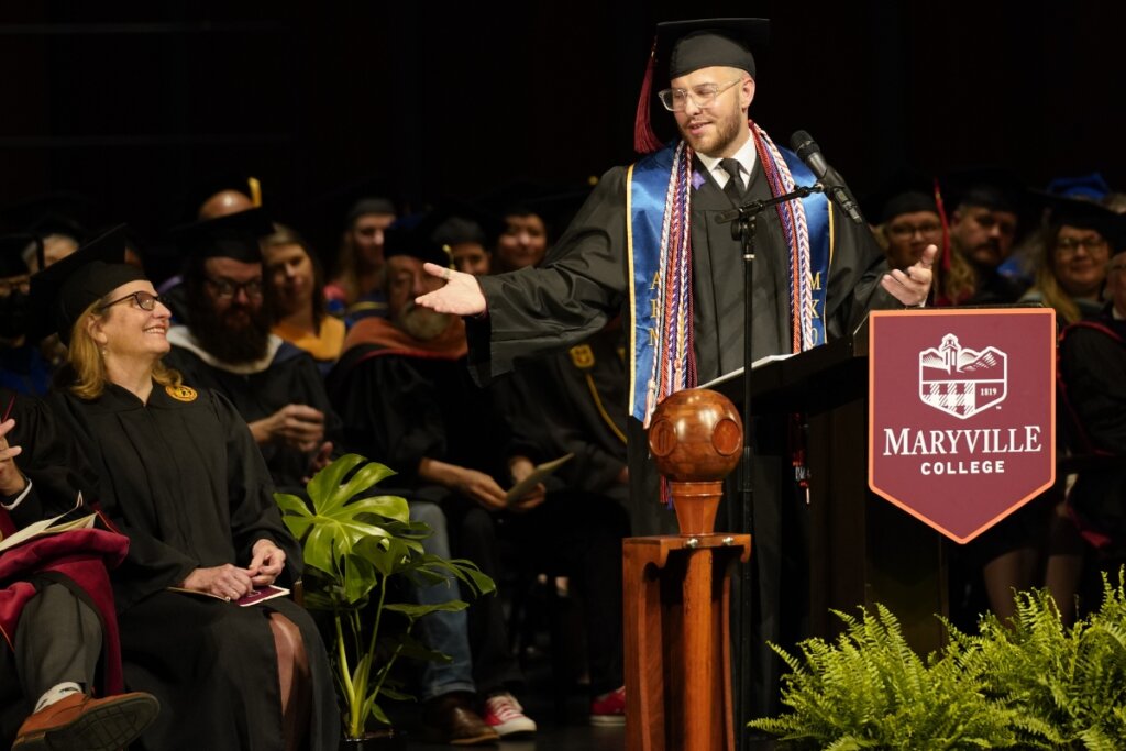 Photo of SGA President Kelton Bloxham '24 speaking during Commencement 2024 exercises