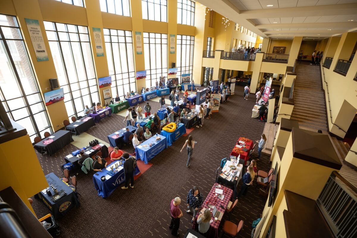 Photo of dozens of booths set up by participating companies in the Nov. 7 Maryville College Career Fair.