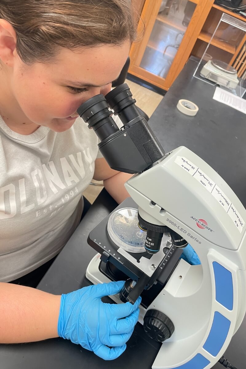 Photo of Hannah Phillips, one of MC's Ledford Scholars, looking through a microscope