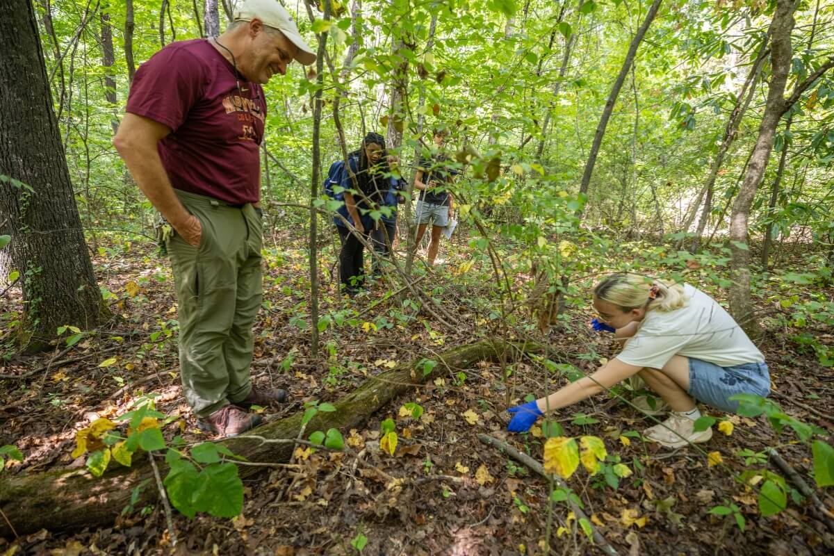 Photo of Dr. Dave Unger supervising a student's work in the Maryville College Woods as part of the turtle research project.