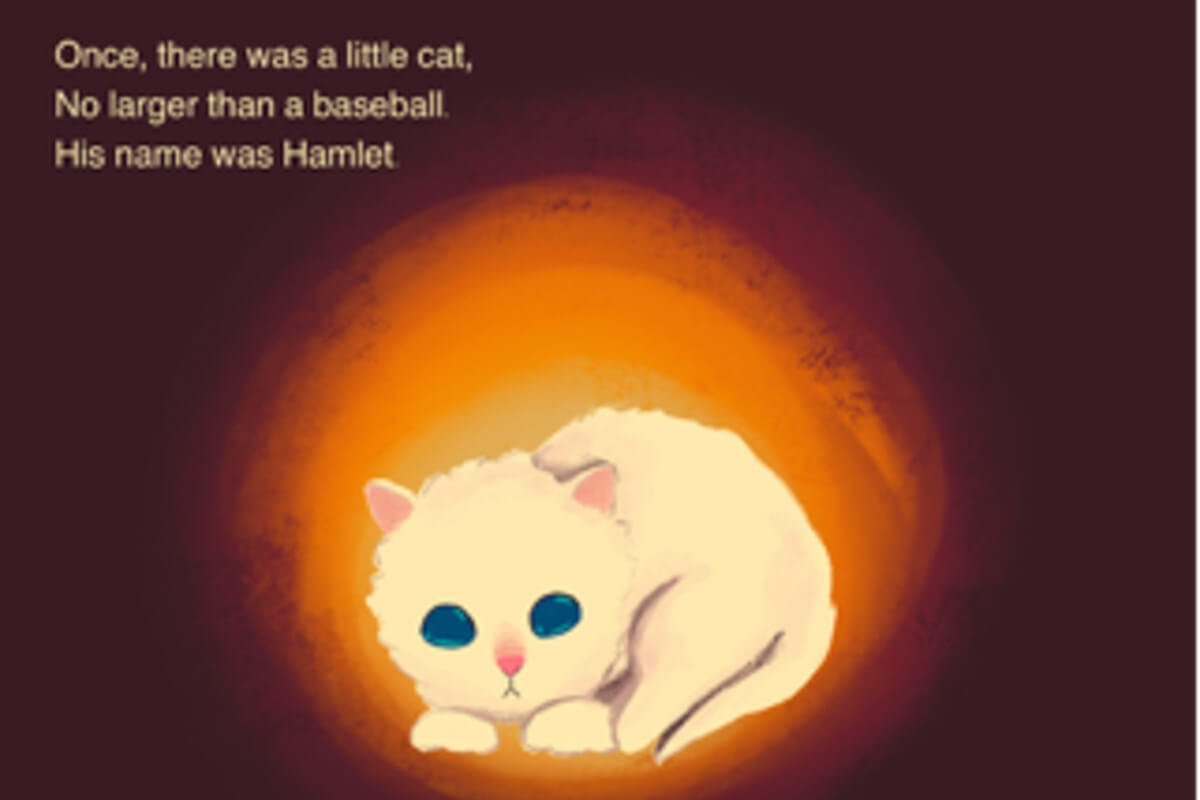Photo of a small, scared cat with words from a children's book by a Maryville College art student