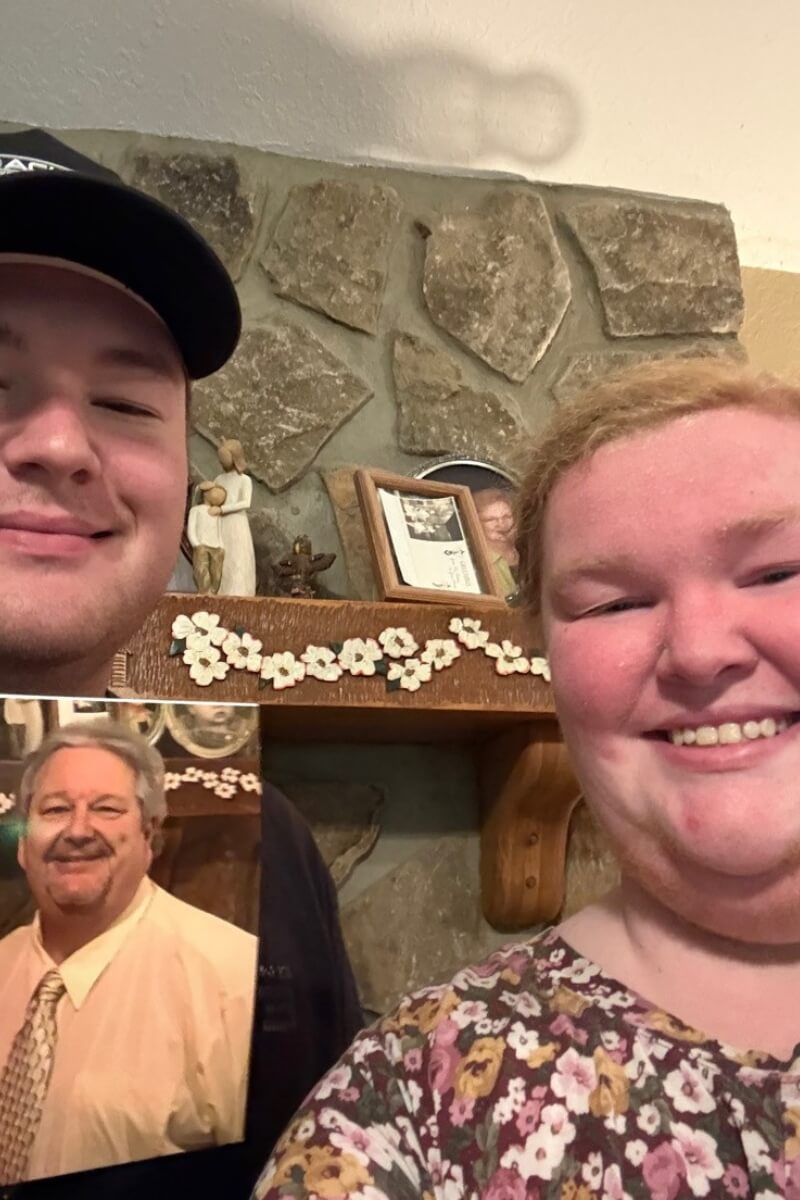 Photo of new Maryville College legacy student Austin Kirkland with his sister and a photo of their late father