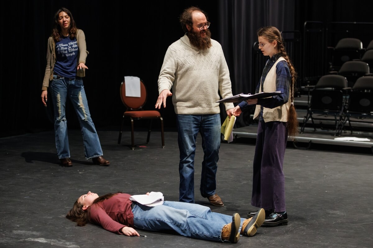 Photo of Andy Vaught and three students rehearsing a scene from the Maryville College Theatre Department's production of "Romeo and Juliet"