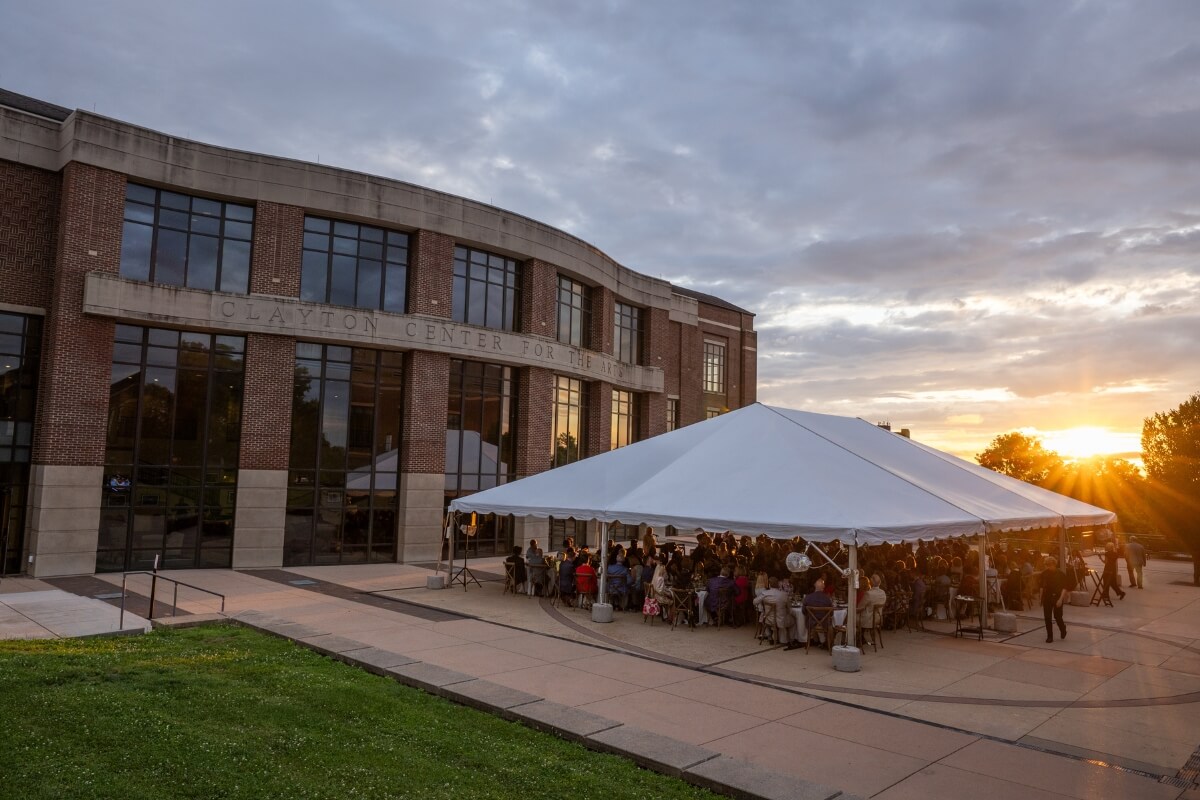 Photo of sunset over the Clayton Center plaza during the facility's 15th anniversary gala