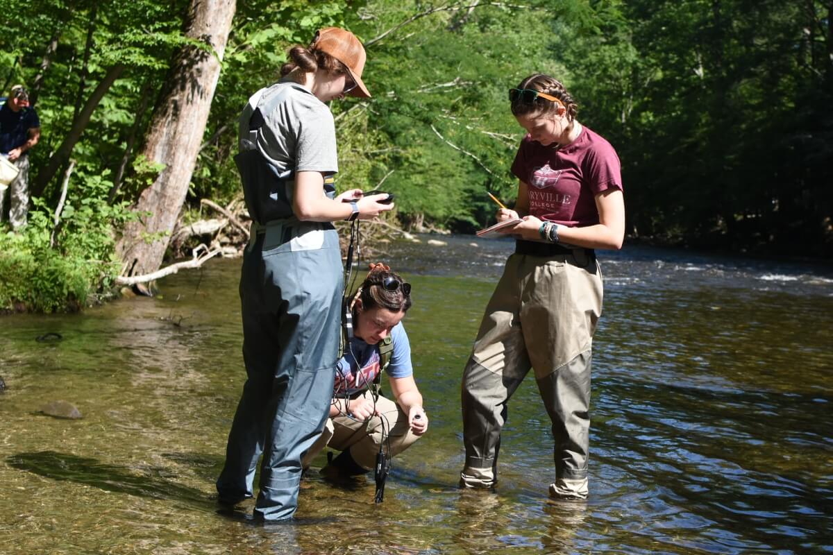 Photo of three recent Maryville College graduates comparing notes during a water quality survey expedition
