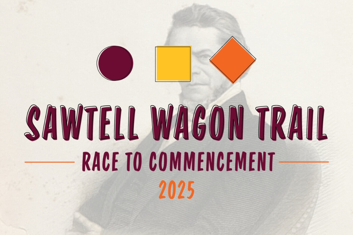 Logo of the Sawtell Wagon Trail challenge superimposed over an engraving of Eli Sawtell