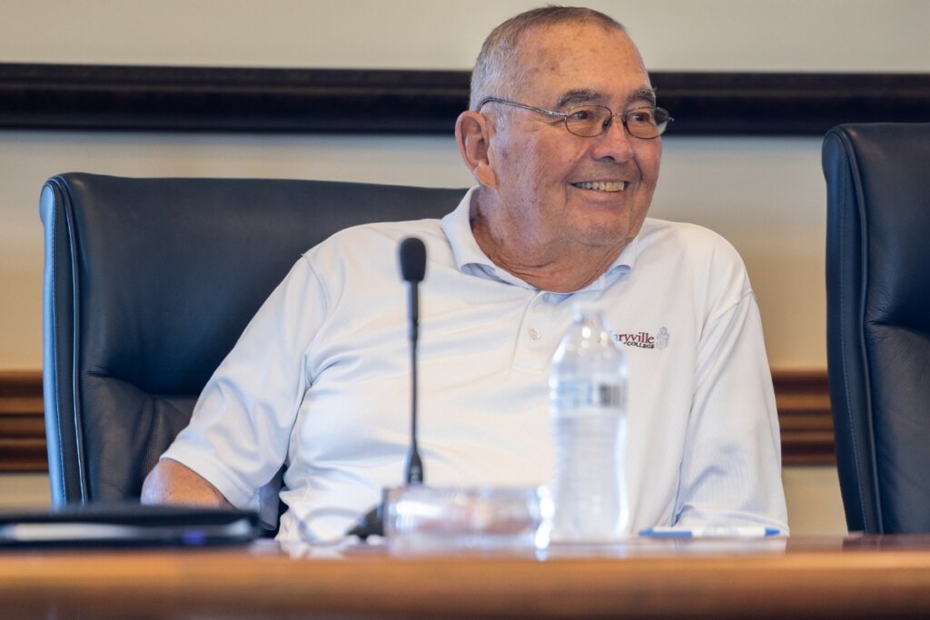 Photo of Mike Davis, soon to receive the Maryville College Medallion, smiling at a recent MC Board of Directors meeting