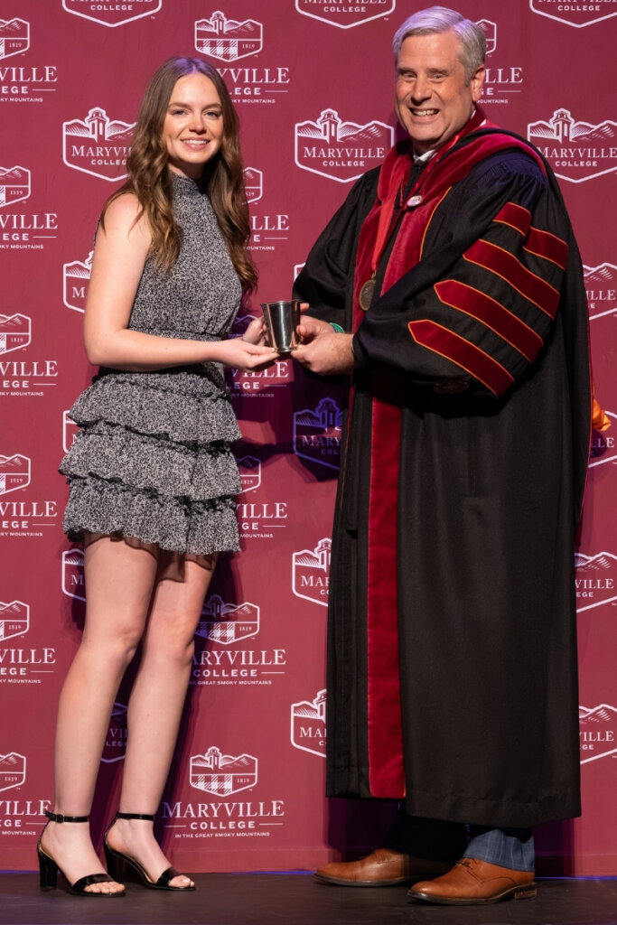 Photo of LeQuire Award winner Emily Miller, a Maryville College senior, with President Bryan Coker
