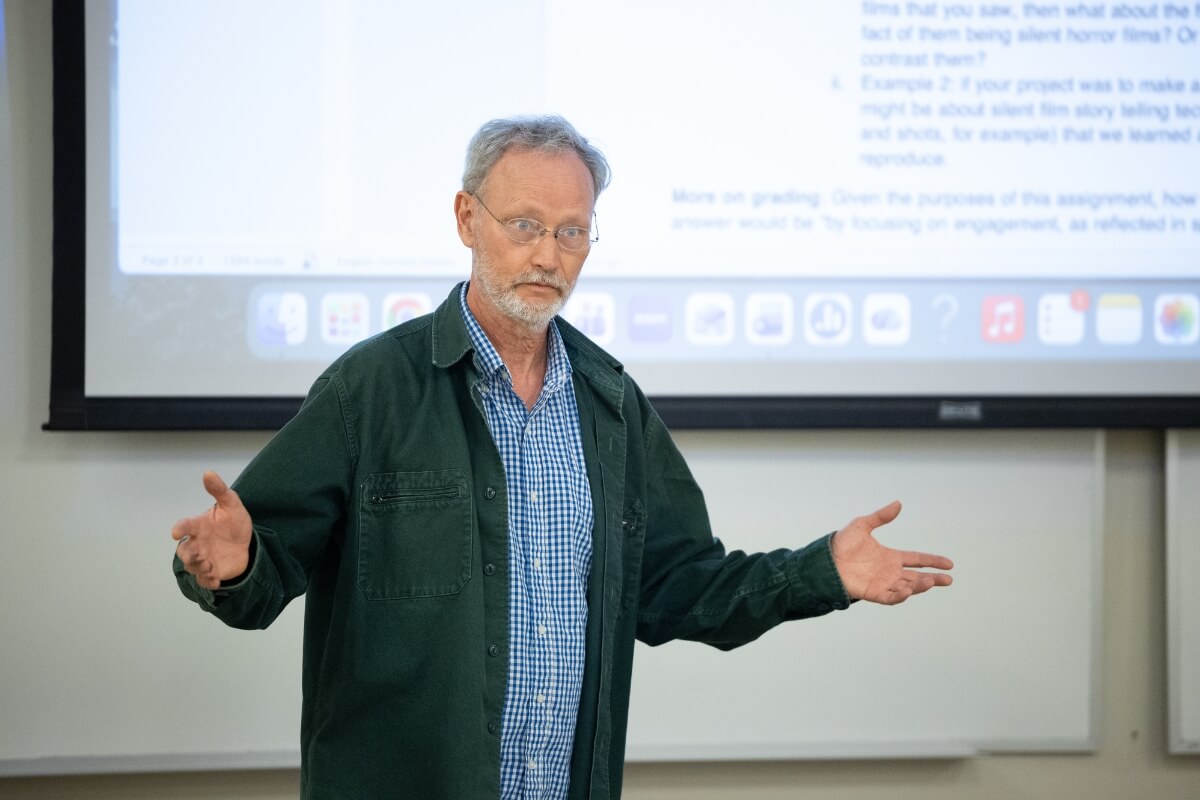 Photo of a professor lecturing during a Maryville College silent film class
