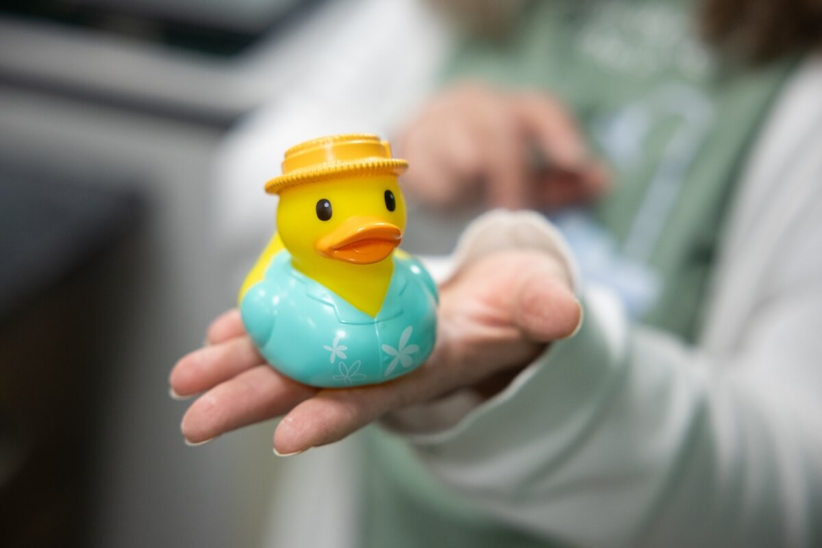 Photo of a hand holding a rubber duck