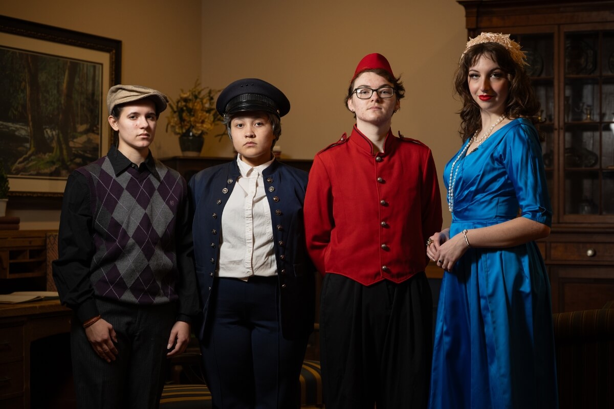Photo of four Maryville College student actors who have parts in "Murder on the Orient Express"