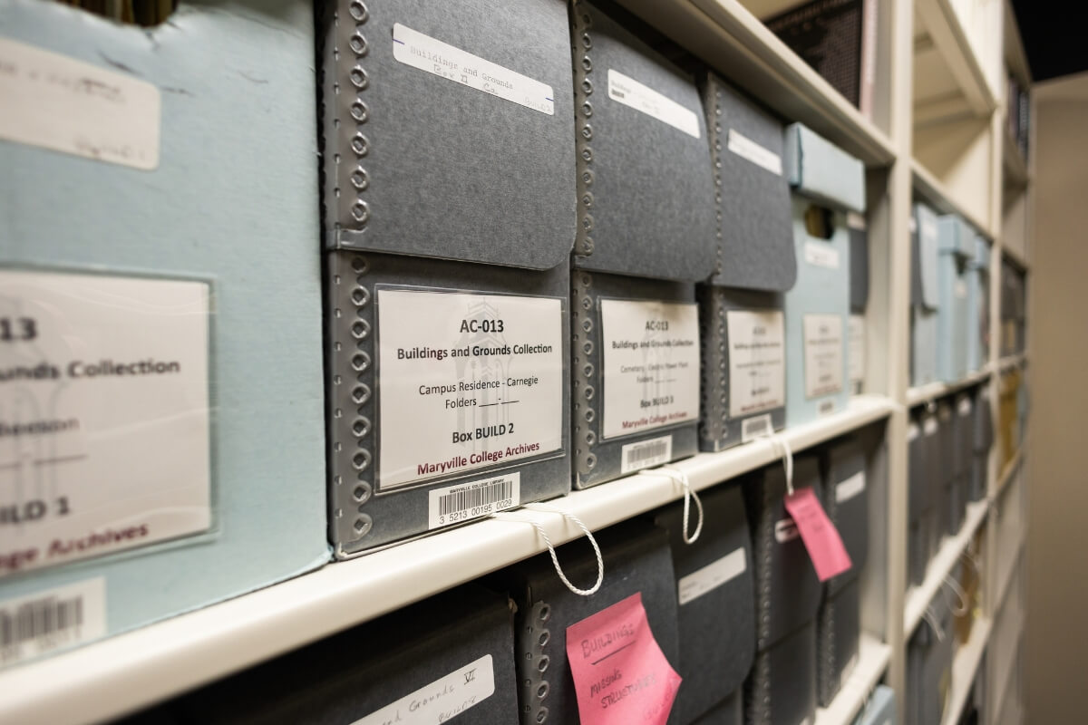 Photo of boxes in the Maryville College Archives