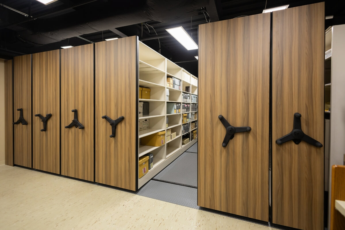 Photo of movable shelving units in Archives