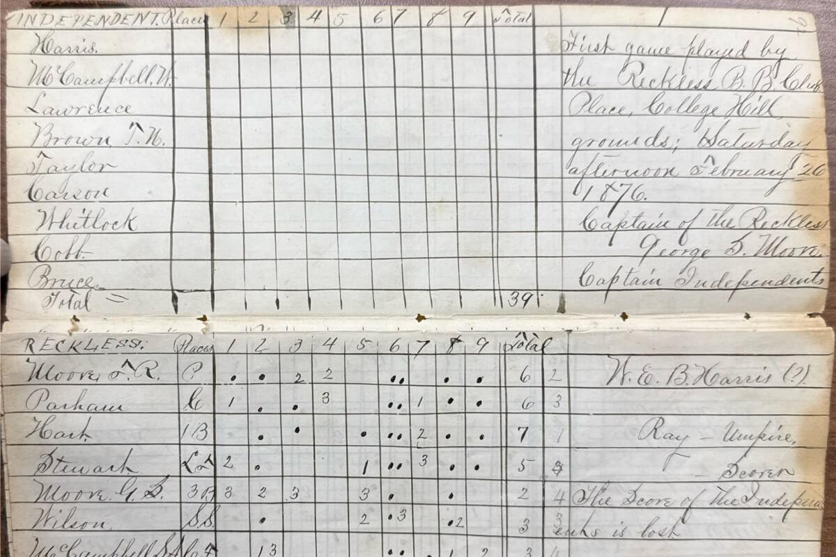 Photo of a baseball score card from 150 years ago