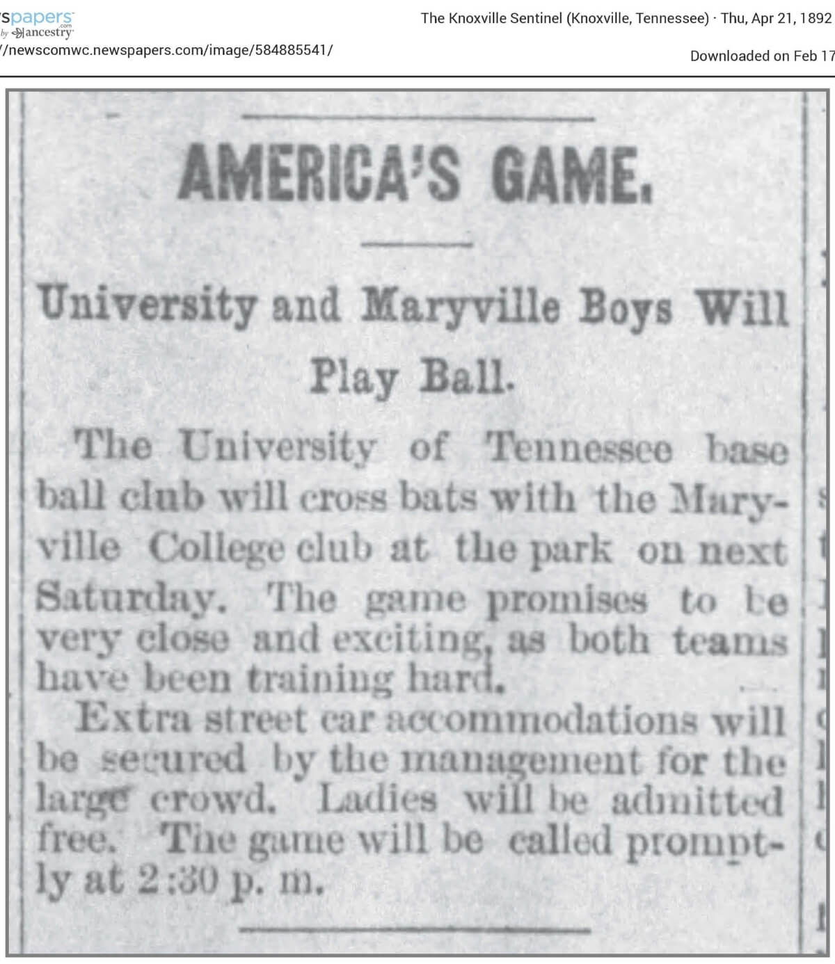 Photo of a newspaper clipping from April 21, 1892, about the Maryville College Baseball team