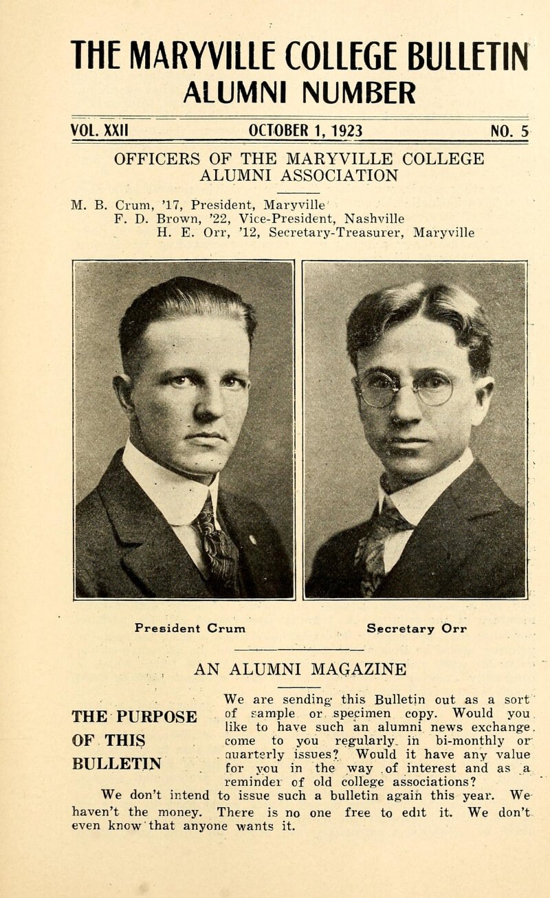 Photo of a Maryville College Alumni Association bulletin from 1923