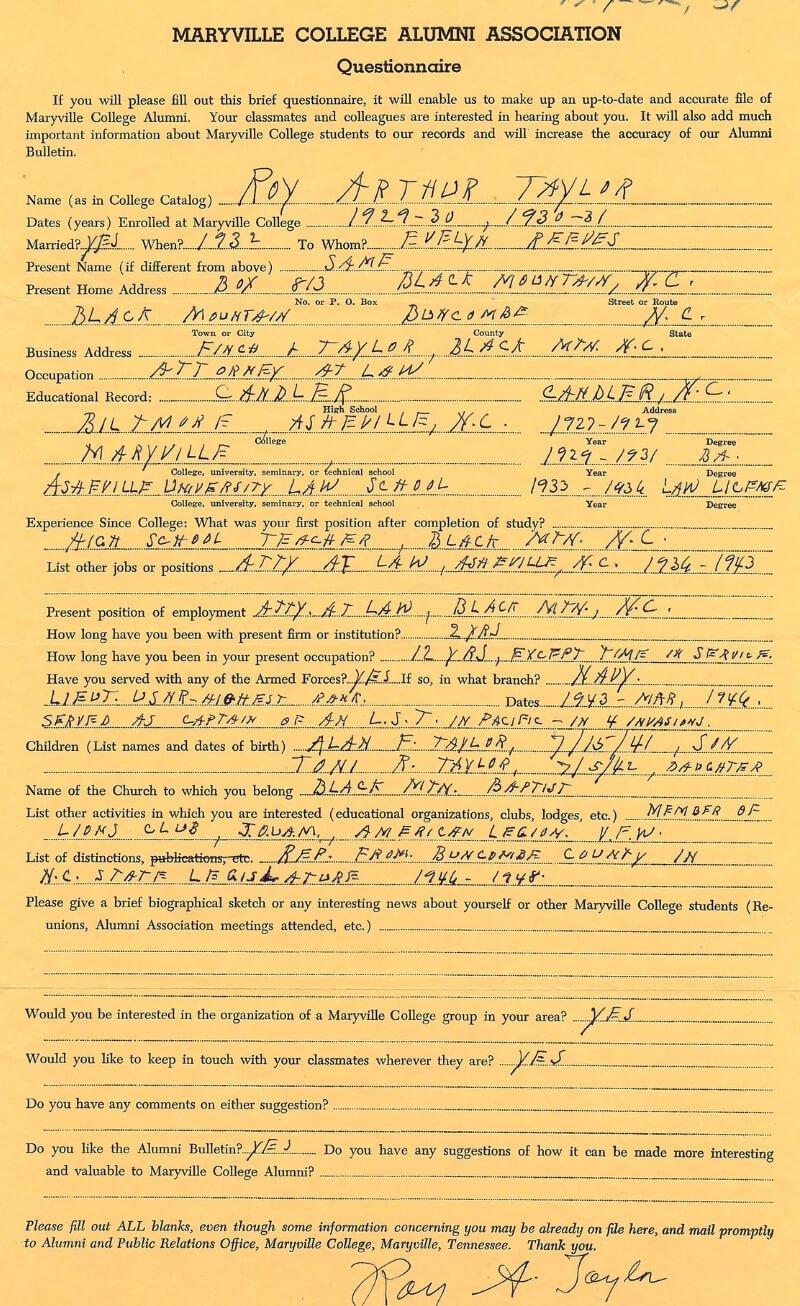 Photo of an alumni survey from 1948