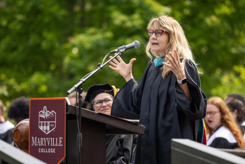 Photo of a woman delivering the 2026 Maryville College Commencement address